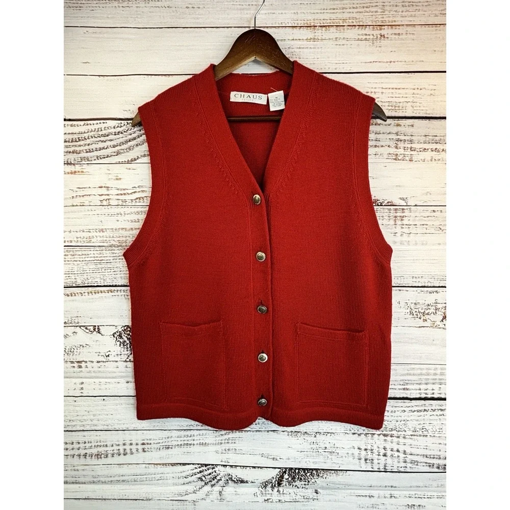 Vintage Sweater Vest Wool Blend Red Button M Pockets V-Neck Academia Silver